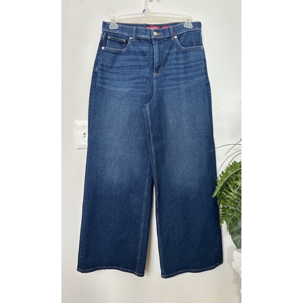 SPANX Shape L Wide Leg Pull On Jeans Stretch Blue Denim Dark Wash High Rise